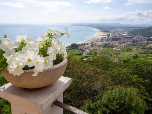 a pot of flowers sitting on a ledge overlooking a beach at Casa Sant’Anna in Vasto
