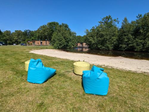 two bags sitting on the grass next to a beach at Hausboot Friedrich in Papenburg