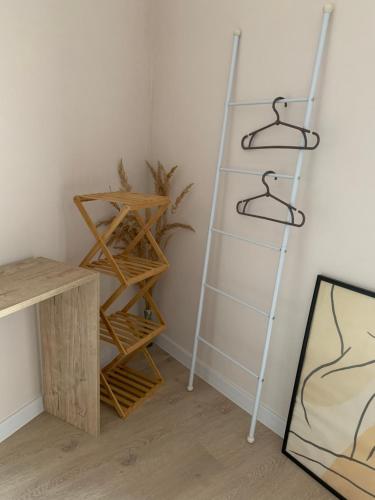 a ladder shelf next to a wall with two hangers at Comfort Home Soborna 283 in Rivne