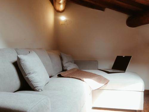 佛羅倫斯的住宿－Small Heaven in Florentine hills，客厅配有沙发和笔记本电脑