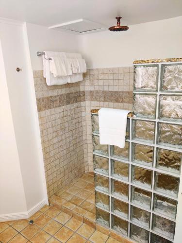 a bathroom with a shower with glass doors at Coco Palm in Gros Islet