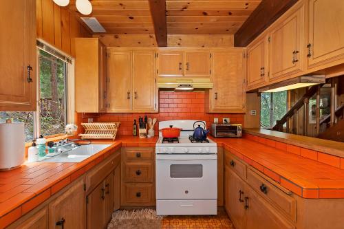 Η κουζίνα ή μικρή κουζίνα στο Pet & Kid Friendly Cozy Cabin, BBQ, Firepit, Outdoor Dining, Forest Views