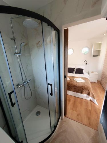 Cette chambre comprend un lit et une salle de bains pourvue d'une douche. dans l'établissement Studio climatisé refait à neuf, à Villeneuve-Loubet