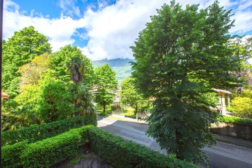 a view of a street with two trees and bushes at Appartamenti 2 in Dervio