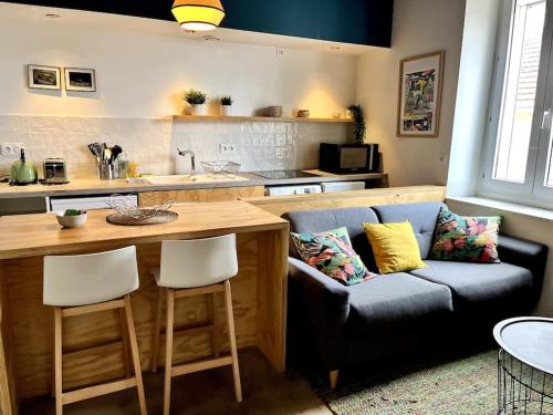 un salon avec un canapé et une cuisine dans l'établissement Studio Le Sanlecque, Wifi Tv 2personnes, à Nantes
