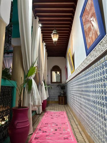 a hallway with a potted plant and a pink rug at Riad Al Nour in Marrakech