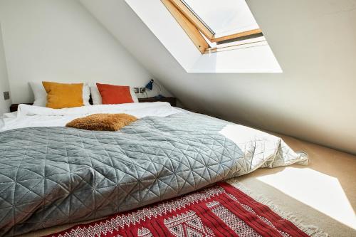 sypialnia z łóżkiem i oknem w obiekcie Cesar Apartment we Wrocławiu