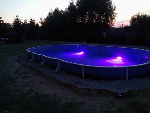 a large blue pool with purple lights in a yard at zakątek pod świerkami in Gulbiny