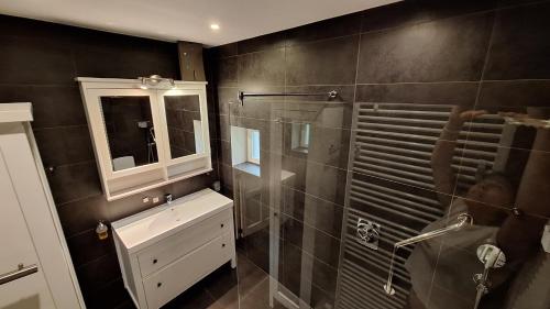 a bathroom with a shower and a sink and a mirror at Maison Bois d'Air in Durbuy