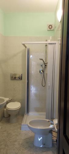 ein Bad mit einer Dusche, einem WC und einem Waschbecken in der Unterkunft La Rosa dei Venti B&B in Chia