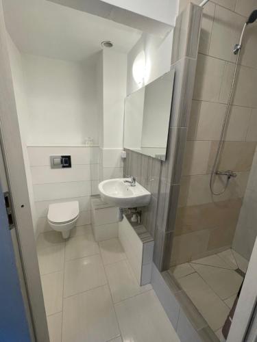 La salle de bains est pourvue de toilettes, d'un lavabo et d'une douche. dans l'établissement Komarowo77, 