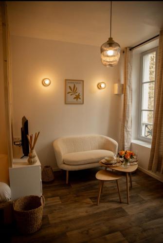 un salon avec un canapé et une table dans l'établissement Studio la halte ducale #3, à Charleville-Mézières
