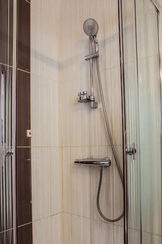 a shower with a shower head in a bathroom at Family Hotel Kipra in Kipra