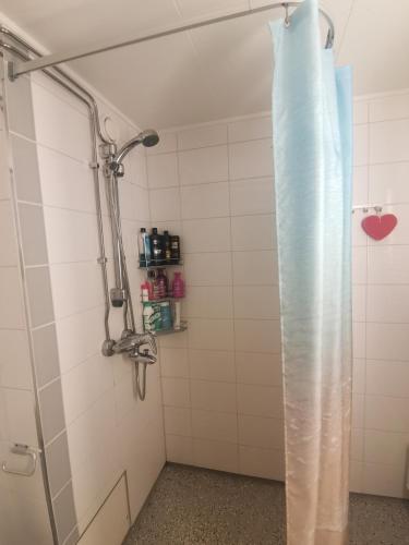 a shower with a shower curtain in a bathroom at Parkstad Home Base in Helsinki