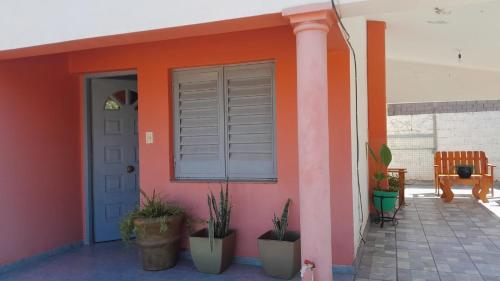 una casa colorata con una porta e piante in vaso di Home Talampaya a Villa Unión