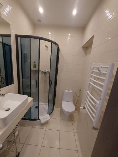 a bathroom with a shower and a toilet and a sink at Willa Vistula in Ciechocinek