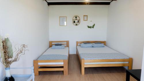 - 2 lits jumeaux dans une chambre avec une plante dans l'établissement Family House, à Krčedin