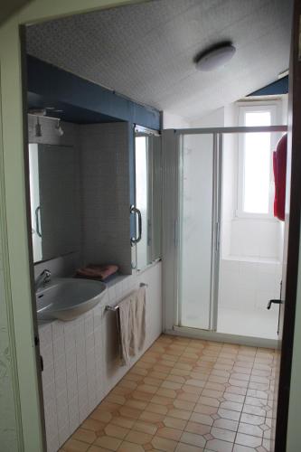 une salle de bain avec un lavabo et une douche avec un miroir dans l'établissement Maison bourg, à Réaumur