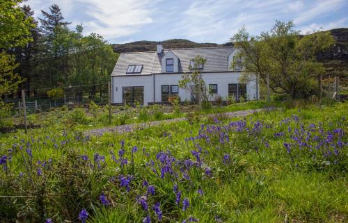 a white house with a field of purple flowers at 10 Husabost in Totaig