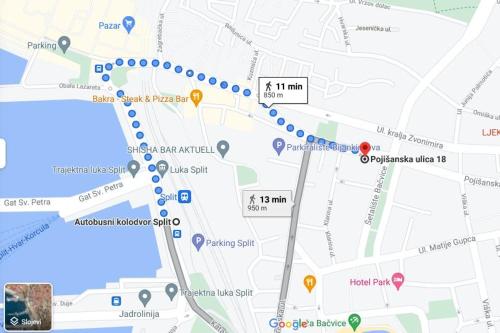 un primer plano de un mapa de Google con atajos en Hostel Split Backpackers 2 en Split