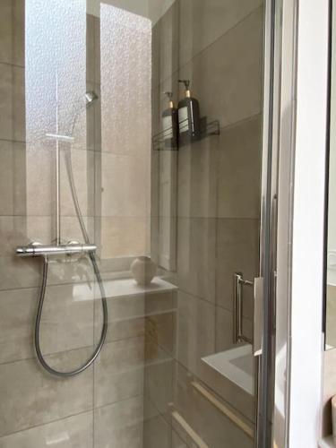 une salle de bain avec une douche avec une porte vitrée dans l'établissement Appartement Plein Centre, à Lyon