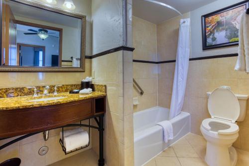 a bathroom with a tub and a toilet and a sink at Drury Plaza Hotel San Antonio Riverwalk in San Antonio