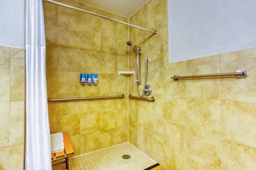 a bathroom with a shower with a shower curtain at Drury Plaza Hotel San Antonio Riverwalk in San Antonio