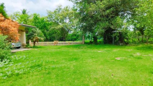 a yard with a fence and a dog in the background at Casa de Campo, en David Chiriquí, Cerca de Playa y Montañas in David