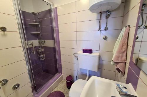 uma casa de banho com um chuveiro, um WC e um lavatório. em Apartments with a parking space Postira, Brac - 2911 em Postira