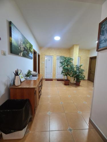 a large room with a tile floor with potted plants at Sobe Nedović in Budva