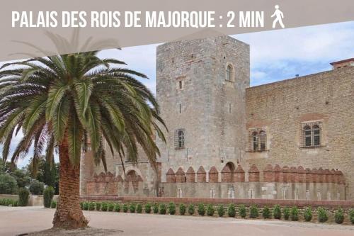 un palmier devant un bâtiment dans l'établissement Séjour Perpignan à 20 minutes de l'Espagne avec petit-déjeuner à la demande à Les Lumineuses du Palais des Rois de Majorque, à Perpignan