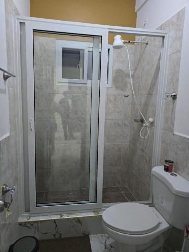 La salle de bains est pourvue de toilettes et d'une douche en verre. dans l'établissement Cozy private APT in La Ceiba, à La Ceiba