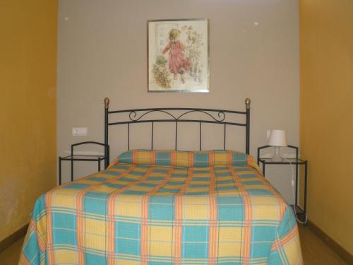 ein Schlafzimmer mit einem Bett mit einer karierten Decke in der Unterkunft Apartamentos Turísticos Reyes Católicos in Saragossa