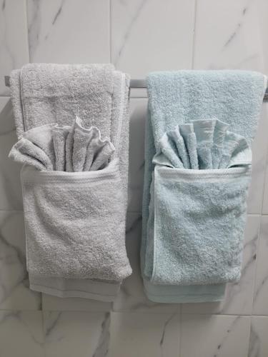 Massacre的住宿－Brand new spacious residence in Checkhall，浴室的柜台上摆放着两条毛巾
