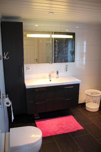 a bathroom with a sink and a toilet and a mirror at Fjordhytte-13 in Ænes