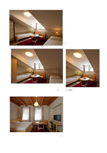 three views of a room before and after renovations at Pension Křivá in Olomouc