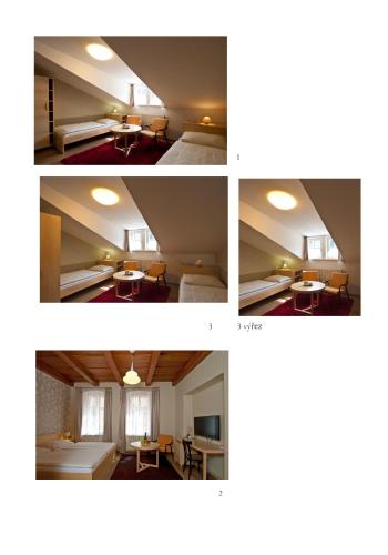 three pictures of a room with a ceiling at Pension Křivá in Olomouc