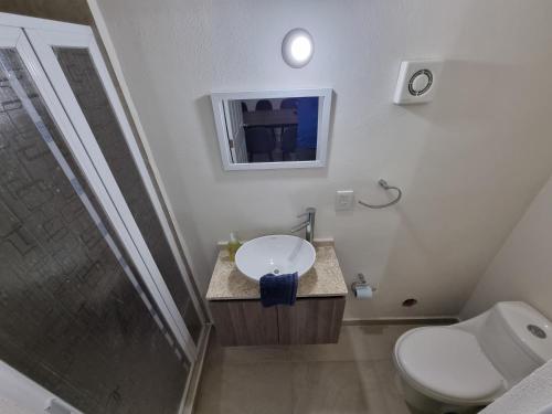 uma casa de banho com um lavatório, um WC e um chuveiro em Departamento con Alberca San Jose em Querétaro
