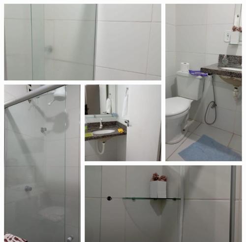 a collage of images of a bathroom with a shower and a toilet at Flat Sandra in Teixeira de Freitas