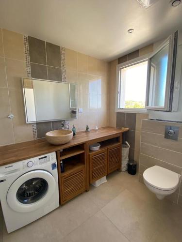 une salle de bain avec une machine à laver et un lavabo dans l'établissement Villa Mi Baou, à La Seyne-sur-Mer