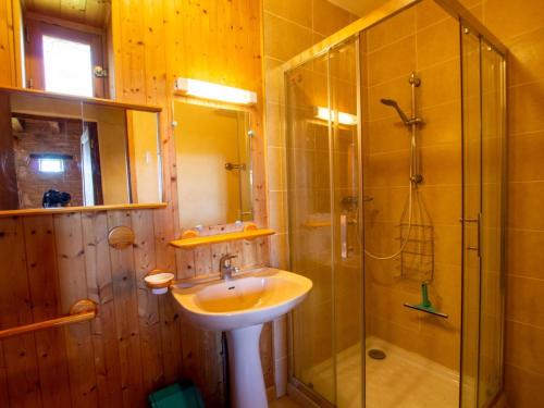 une salle de bain avec un lavabo et une douche en verre dans l'établissement Maison avec jardin, Wifi, animaux acceptés près de Sarlat - FR-1-616-45, à Bardenac