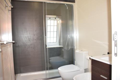 uma casa de banho com um WC e uma cabina de duche em vidro. em Cool Tailor Made 2 Bedroom Apartment em Lisboa