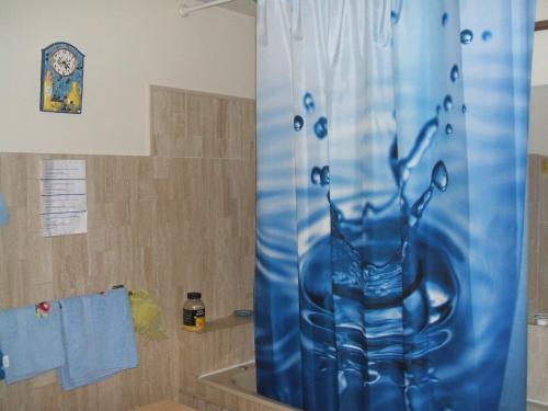 ein Badezimmer mit einem blauen Duschvorhang in der Badewanne in der Unterkunft Mas des Retrouvailles in Châteaurenard