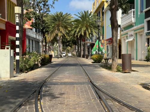 an empty street with palm trees and streetcar tracks at Central Boutique Hotel in Oranjestad