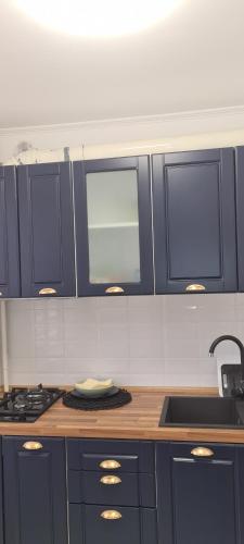a kitchen with blue cabinets and a counter top at Central Stay in Tîrgu Neamţ
