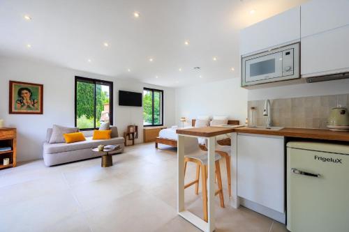 Il dispose d'une cuisine ouverte et d'un salon avec un canapé. dans l'établissement Studio Verveine, à Aix-en-Provence