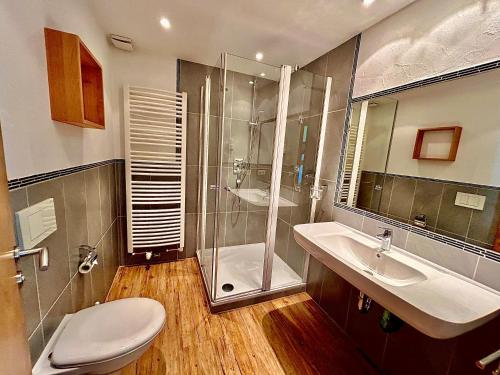 克倫的住宿－Gästehaus Alpina，带淋浴、盥洗盆和卫生间的浴室