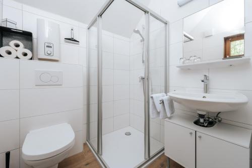 e bagno con doccia, servizi igienici e lavandino. di Fürstenstüberl a Grundlsee