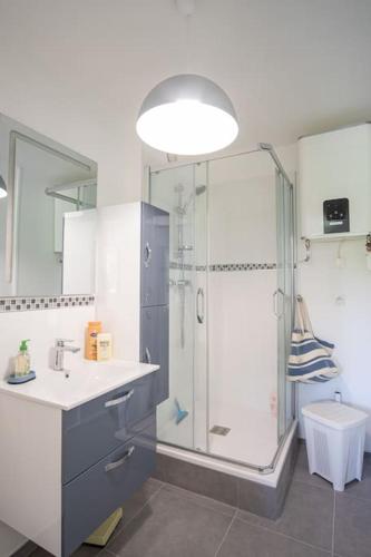 une salle de bain avec douche et lavabo dans l'établissement Calme et sérénité - Balcon - Parking 1 place, à Étretat