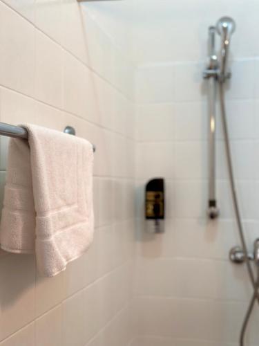 a bathroom with a white towel hanging from a shower at Albergo Varone in Riva del Garda